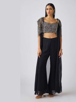 Basanti Kapde aur Koffee - Black Embroidered Cape and Sharara with Bustier