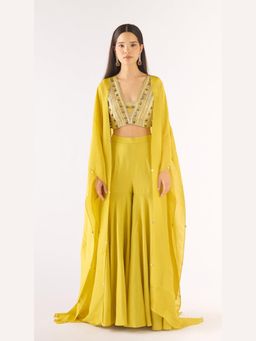 Basanti Kapde aur Koffee - Lime Tissue Embellished Cape And Sharara With Bustier
