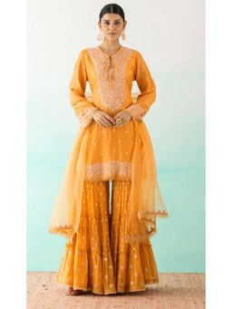 Basanti Kapde aur Koffee - Yellow Embellished Kurta And Sharara With Dupatta