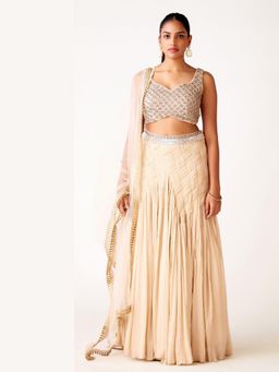 Basanti Kapde aur Koffee - Ivory Chinon Embroidered Lehenga And Stitched Blouse With Dupatta