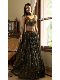 Basanti Kapde aur Koffee - Moss Green Sequinned Lehenga And Stitched Blouse With Dupatta