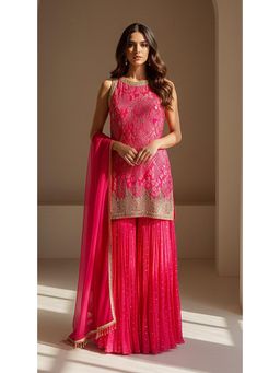 Basanti Kapde aur Koffee - Rose Radiance Embroidered Round Neck Kurta with Sharara and Dupatta