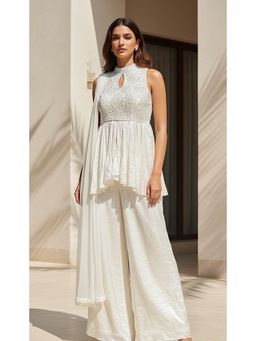 Basanti Kapde aur Koffee - Ivory Crushed Tissue Peplum Kurta And Sharara With Dupatta