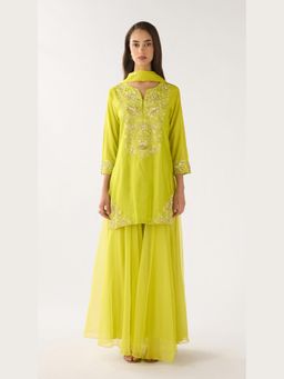 Basanti Kapde aur Koffee - Lime Chanderi Embroidered Kurta And Sharara With Dupatta