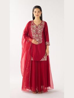Basanti Kapde aur Koffee - Red Chanderi Embroidered Kurta with Sharara and Dupatta