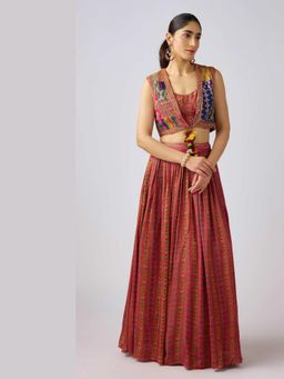 Basanti Kapde aur Koffee - Multi-Color Crepe Embroidered Lehenga And Stitched Blouse With Jacket