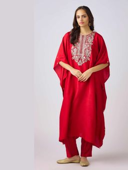 Basanti Kapde aur Koffee - Red Cotton Thread Work Kaftan with Pant