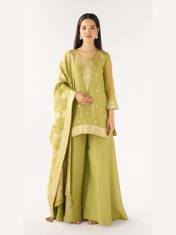 Basanti Kapde aur Koffee - Green Banarasi Embellished Kurta And Sharara With Dupatta