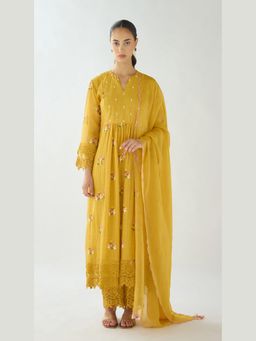 Basanti Kapde aur Koffee - Mustard Embroidered Cotton Anarkali And Palazzo With Dupatta