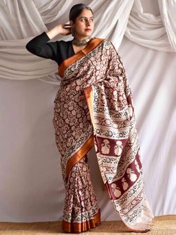 Sundarii - Khathai Kalamkari Printed Bangalore Silk Nizam Border Saree without Blouse