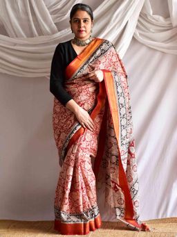 Sundarii - Rukhsaar Kalamkari Printed Bangalore Silk Nizam Border Saree without Blouse