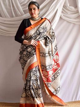 Sundarii - Raat Rani Kalamkari Printed Bangalore Silk Nizam Border Saree without Blouse