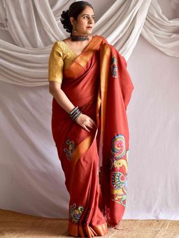 Sundarii - Women Orange Silk Woven Saree