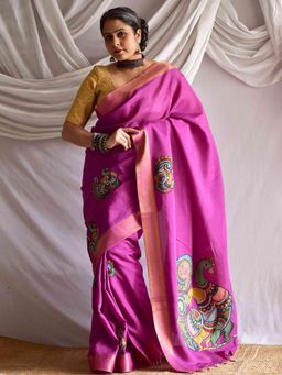 Sundarii - Women Pink Silk Woven Saree without Blouse