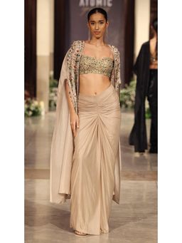 Basanti Kapde aur Koffee - Gold Silk Embroidered Drape Skirt And Blouse With Cape