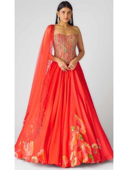 Basanti Kapde aur Koffee - The Amber Flame Lehenga And Corset With Dupatta