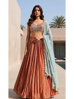 Basanti Kapde aur Koffee - Russet Tissue Embroidered Lehenga And Stitched Blouse With Dupatta