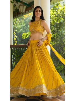 Basanti Kapde aur Koffee - Yellow Hand Embroidered Lehenga with Stitched Blouse and Dupatta