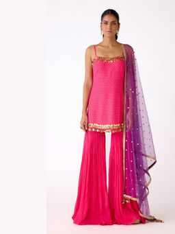 Basanti Kapde aur Koffee - Pink Mirror Work Kurta with Sharara and Dupatta