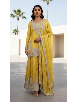 Basanti Kapde aur Koffee - Yellow Tissue Embroidered Kurta with Sharara and Dupatta