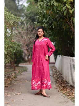 Sutra Art of Clothing - Fuchsia Pink Jamdani Cotton Dress With Silk Woven Border