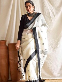 Sundarii - Women White Cotton Woven Saree without Blouse