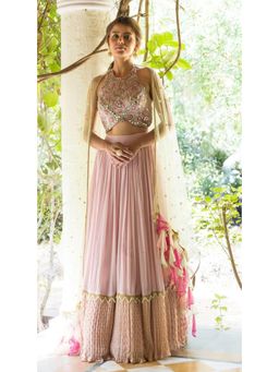Basanti Kapde aur Koffee - Pink Mirror Work Lehenga And Stitched Blouse With Dupatta