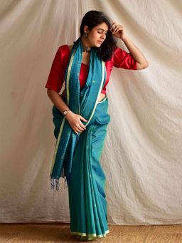 Sundarii - Sea Green Handloom Jamdani Mul Cotton Saree without Blouse
