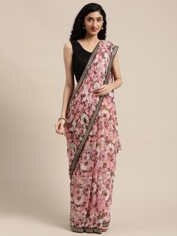 Vastranand - Pink Floral Print Sequinned Detail Saree with Unstitched Blouse