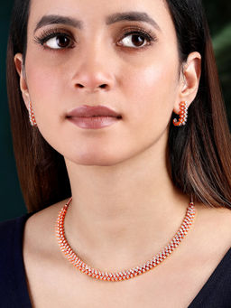 Peora - Rose Gold Plated Cubic Zirconia Studded Necklace & Earrings Jewellery Set