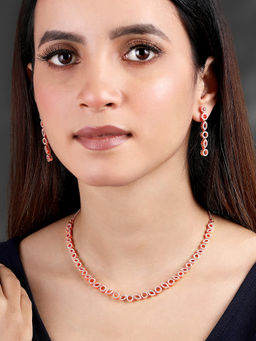 Peora - Rose Gold Plated Cubic Zirconia Studded Dazzle Necklace & Earrings Jewellery Set