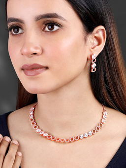 Peora - Rose Gold Plated Cubic Zirconia Studded Glamour Necklace & Earrings Jewellery Set