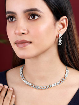 Peora - Silver Plated Cubic Zirconia Studded Glamour Necklace & Earrings Jewellery Set
