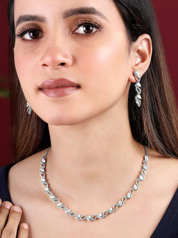 Peora - Silver Plated Cubic Zirconia Studded Elegance Embodied Necklace & Earrings Set