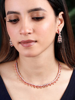 Peora - Rose Gold Plated Cubic Zirconia Studded Necklace & Earrings Jewellery Set