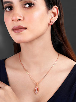Peora - Rose Gold Plated Cubic Zirconia Leaf Shape Pendant Chain and Earrings Set