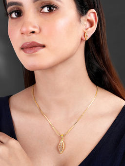 Peora - Gold Plated Cubic Zirconia Leaf Shape Pendant Chain and Earrings Set