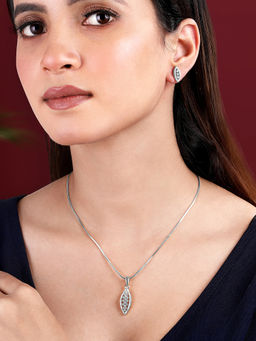 Peora - Silver Plated Cubic Zirconia Leaf Shape Pendant Chain and Earrings Set