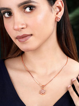 Peora - Rose Gold Plated Cubic Zirconia Studded Floral Pendant Chain and Earrings Set