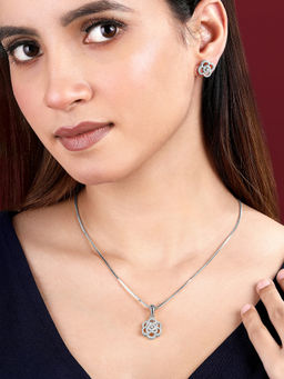 Peora - Silver Plated Cubic Zirconia Studded Floral Pendant Chain and Earrings Set