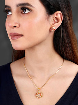 Peora - Gold Plated Zirconia Studded Floral Pendant Chain and Stud Earrings