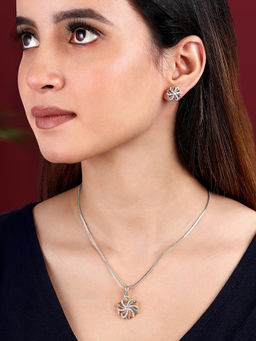 Peora - Silver Plated Zirconia Studded Floral Pendant Chain and Stud Earrings