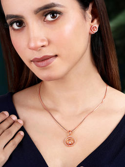 Peora - Rose Gold Plated Cubic Zirconia Studded Round Shape Pendant Chain and Earrings