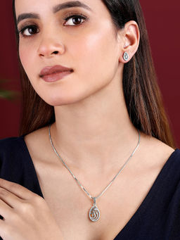 Peora - Silver Plated Cubic Zirconia Studded Drop Shape Pendant Chain and Earrings