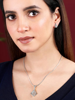 Peora - Silver Plated Cubic Zirconia Studded Kite Shape Pendant Chain and Earrings