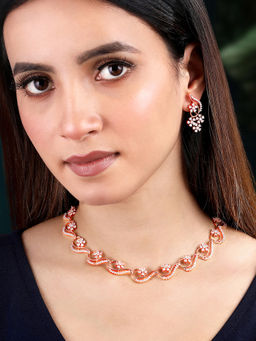 Peora - Rose Gold Plated Cubic Zirconia Studded Floral Style Necklace Drop Earrings Set