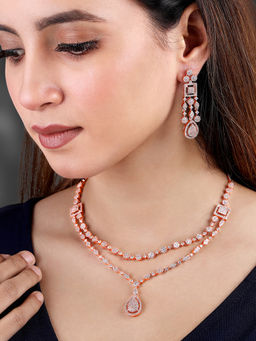 Peora - Rose Gold Plated Cubic Zirconia Two Layer Pendant Style Necklace and Earrings