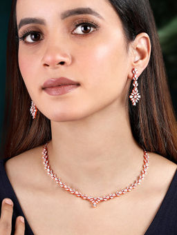 Peora - Rose Gold Plated Cubic Zirconia Studded Necklace and Earrings