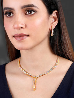 Peora - Gold Plated Cubic Zirconia Studded Necklace and Drop Earrings Set