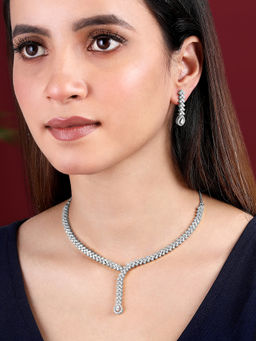 Peora - Silver Plated Cubic Zirconia Studded Necklace and Drop Earrings Set